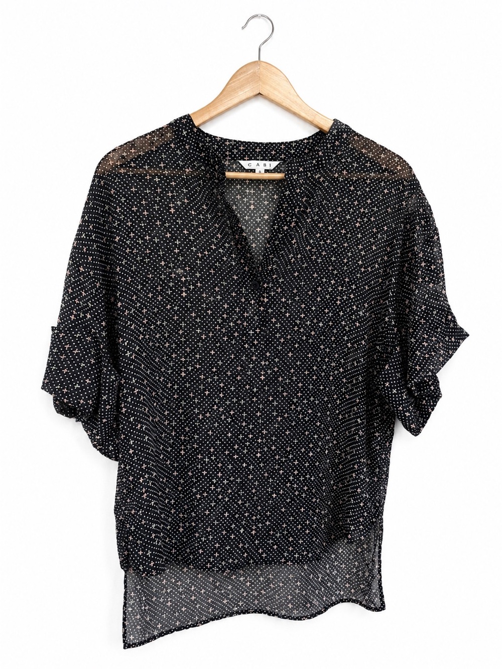 CAbi Swiss Dot Blouse #239 Black Sheer Relaxed Fit Split Neck Top Size S
